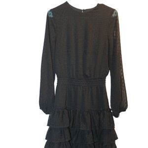 Express Black Long Sleeve Midi Dress with Ruffled Skirt, Small